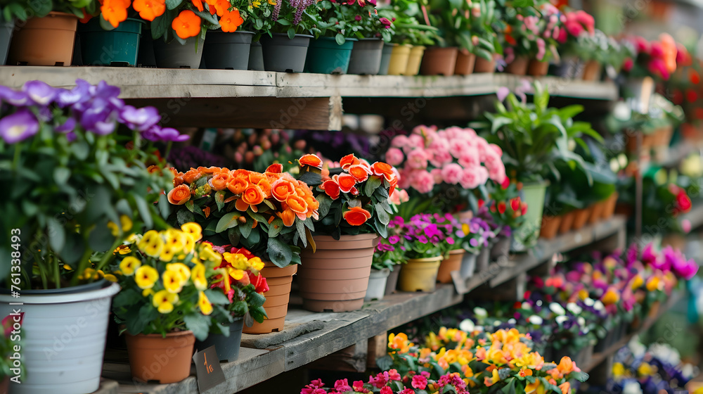 Many colorful blooming flowers in pots are displayed on shelves in floristic stores or at street markets Spring planting - obrazy, fototapety, plakaty 