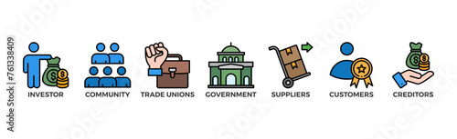Stakeholder relationship banner web icon vector illustration concept for stakeholder, investor, government, and creditors with icon of community, trade unions, suppliers, and customers	