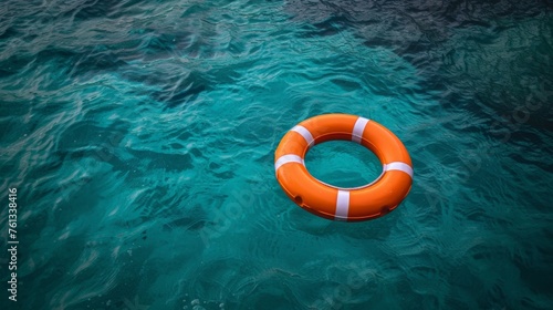 Orange Life Preserver Drifting in the Clear Blue Ocean Under a Sunny Sky with Lush Green Water