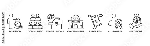 Stakeholder relationship banner web icon vector illustration concept for stakeholder, investor, government, and creditors with icon of community, trade unions, suppliers, and customers	