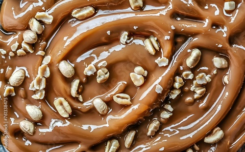 Close-up salted caramel with peanuts creamy salted caramel sauce, generously scattered with crunchy peanuts. The caramel has a golden, glossy appearance with a slightly grainy texture from the peanut