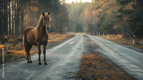 Horse standing on the road near forest at early morning or evening time photo