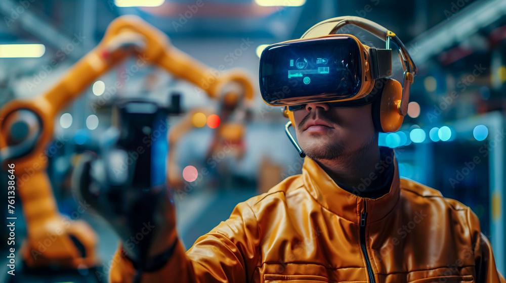 Factory Worker Controlling Robotic Arm with VR Headset in Industrial Environment
Factory Worker Controlling Robotic Arm with VR Headset in Industrial Environment