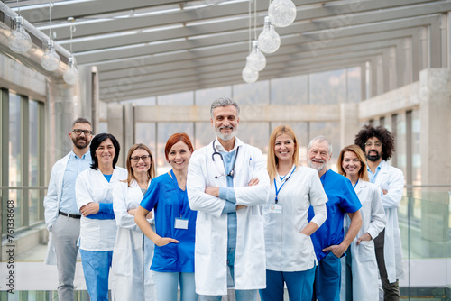 Portrait of team of doctors. Healthcare team with doctors  nurses  professionals in medical uniforms in hospital.