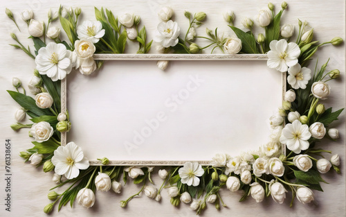 A greeting card featuring a frame of white spring flowers with an empty space in the center for writing a message or adding text.