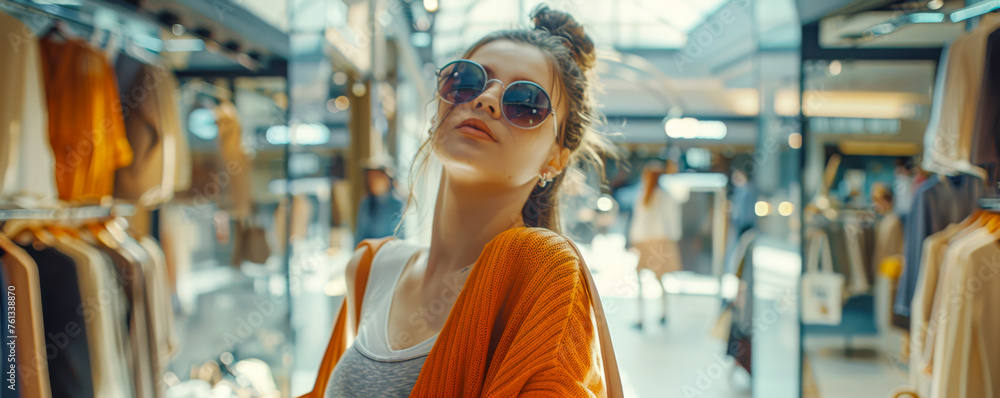 panoramic shot of stylish girl in sunglasses and hat looking away at shopping
