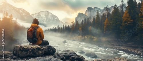 Backpacker contemplates a calm lake surrounded by autumnal mountain scenery, symbolizing a journey of adventure, hiking, and connection with nature