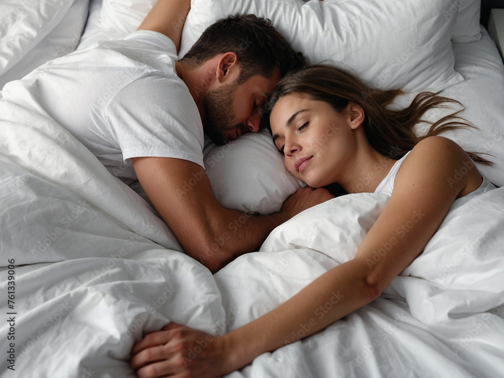 Young beautiful and loving couple wake up while lying Young beautiful and loving couple wake up while lying