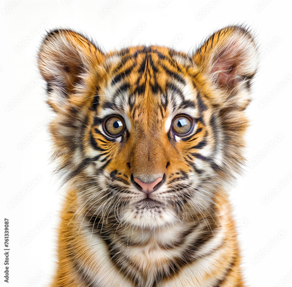 Close up of a cute tiger cub isolated on a white background, concept for wild life preservation, shallow depth of field Close up of a cute tiger cub isolated on a white background, concept for wild life preservation, shallow depth of field