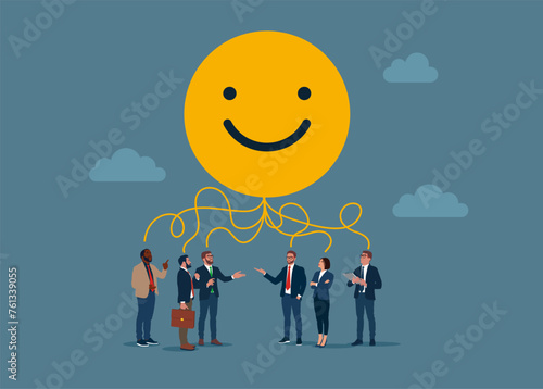 Positive business people are worth under smiling face symbol think plan. Work motivation. Employee happiness, job satisfaction, company benefit, positive attitude. Flat vector illustration