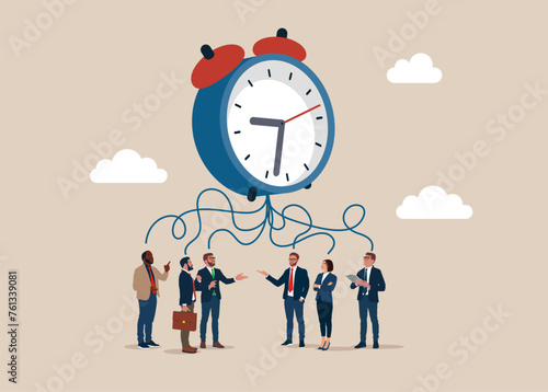 Business people think about flexible working hours, work life balance or focus and time management while working from home concept. Flat vector illustration