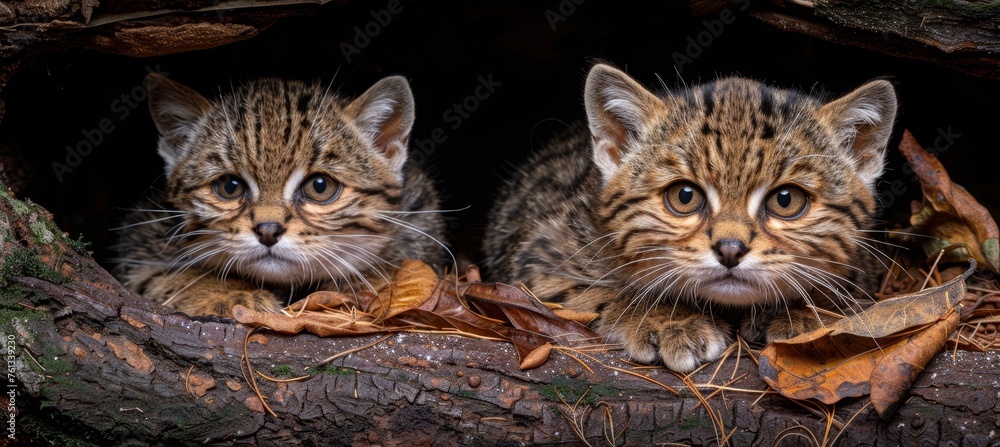 Male geoffroy s cat and kitten portrait with space for text, object on right side Male geoffroy s cat and kitten portrait with space for text, object on right side
