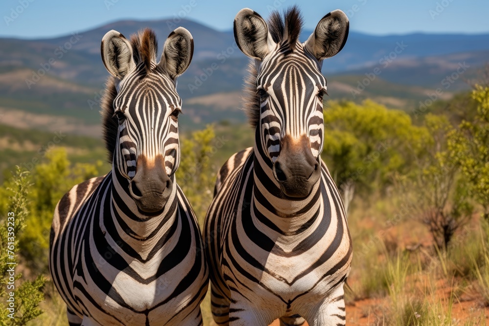 Fototapeta premium Zebras exhibiting bold striped patterns in the african wilderness, showcasing their natural habitat