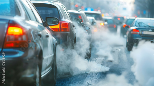 Transportation travel traffic jams on roads with air pollution, smoke from car exhaust pipes