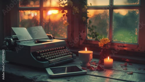 old retro typewriter on a wooden table with candle animation seamless looping video 4k photo