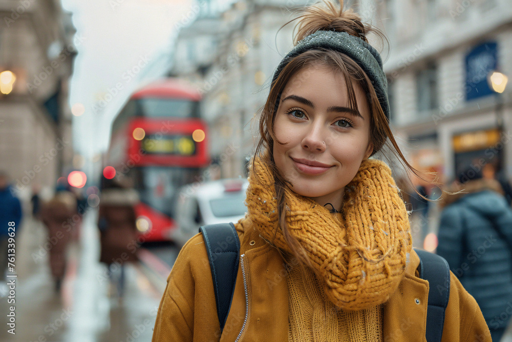 A woman with long hair and wearing a jacket, scarf and hat, while strolling through the city. A woman with long hair and wearing a jacket, scarf and hat, while strolling through the city.