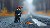 Woodpecker standing on the road near forest at early morning or evening time