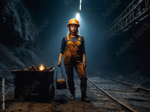 a girl in a work uniform with a helmet and a flashlight at a coal mine
