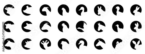 Farm animals vector set of pictograms logos labels badges design illustration with cow, pig, bunny, turkey, chicken, goose, dunkey, goat