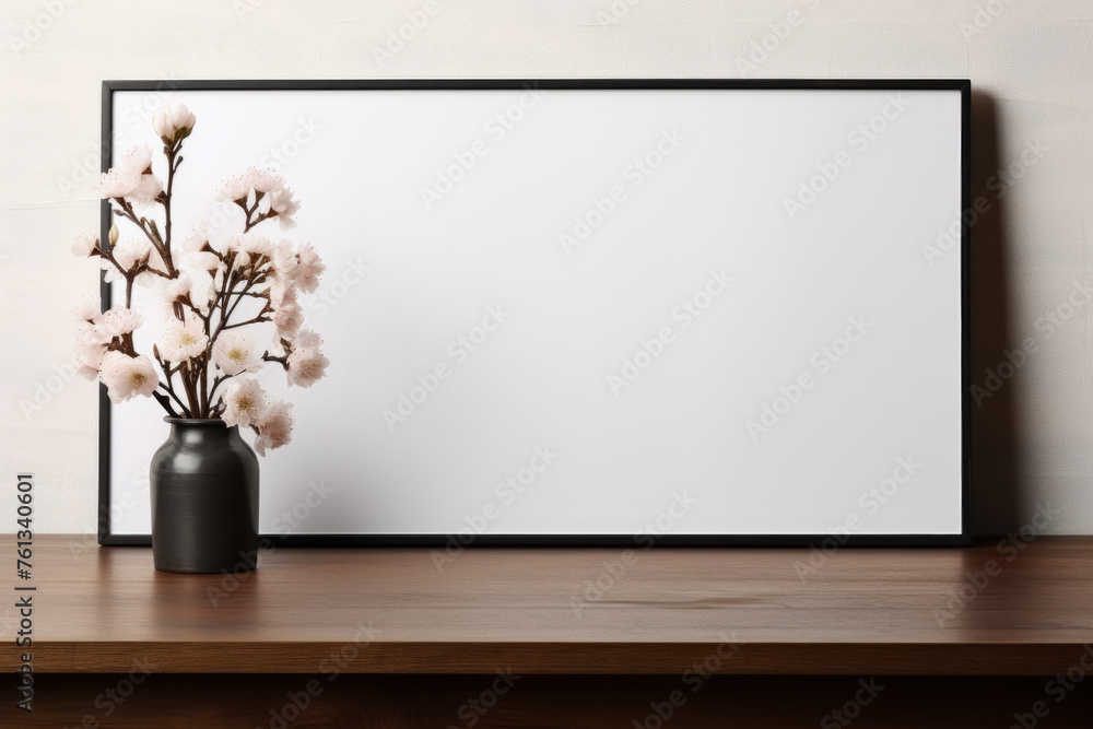 Black framed white vase with white flower in it sits on wooden table Black framed white vase with white flower in it sits on wooden table