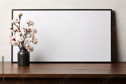 Black framed white vase with white flower in it sits on wooden table