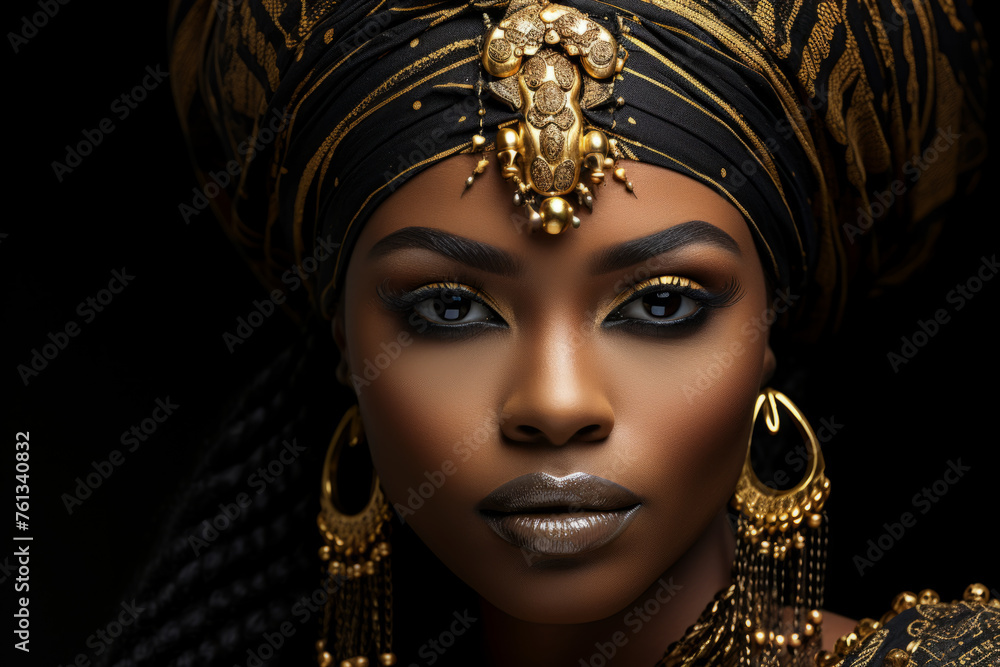 Woman wearing gold headpiece and earrings