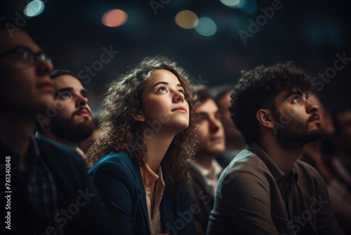 Group of people are sitting in dark room, watching movie