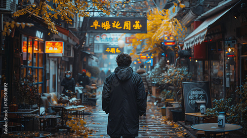 Person walking in an atmospheric Asian street with autumn leaves and neon signs at dusk.