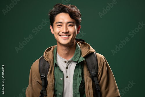 Young man wearing brown jacket and green shirt is smiling