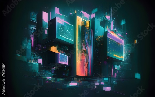 abstract illustration of geometric shapes and structures in colourful neon colours and lights in cyberspace against dark background