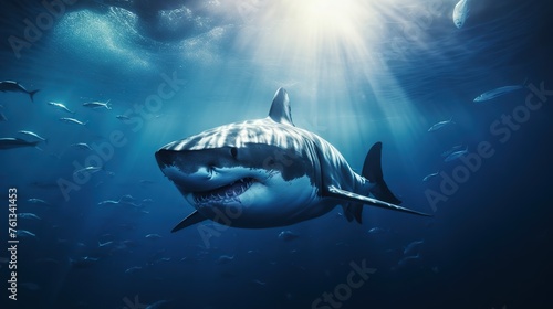 white shark swimming on the surface of the water with sunlight penetrating the surface of the water © nomesart