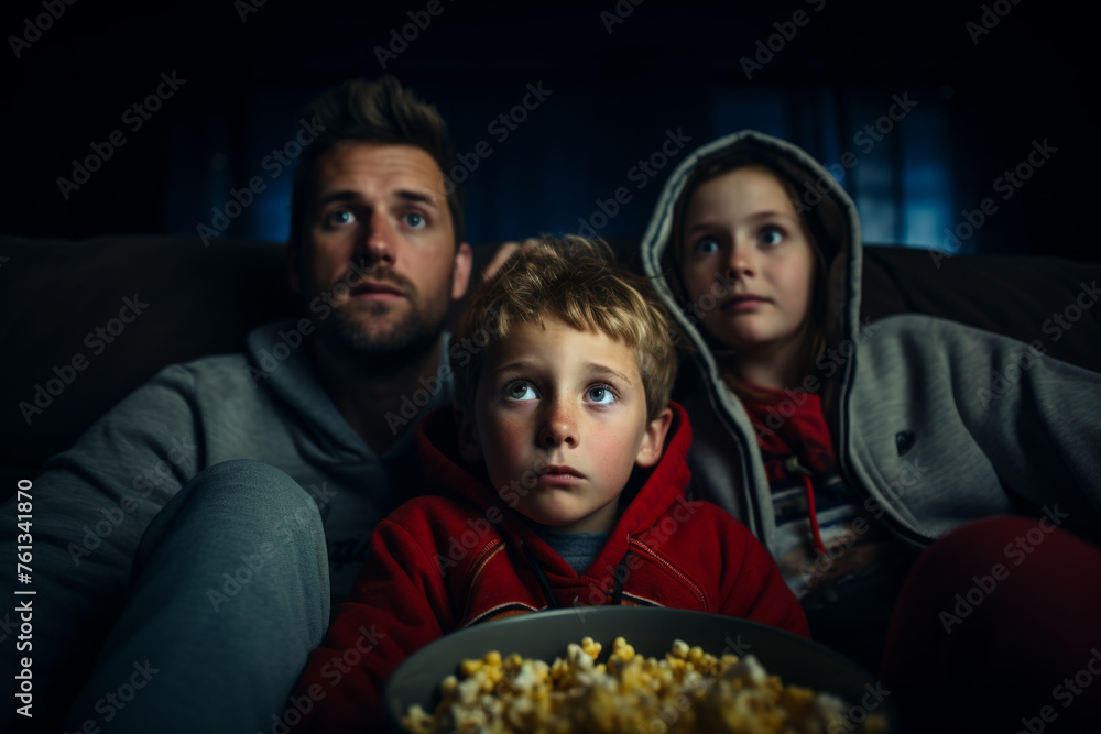 Man, boy and girl are watching movie together