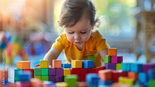 Little child with brightly colored developmental toys