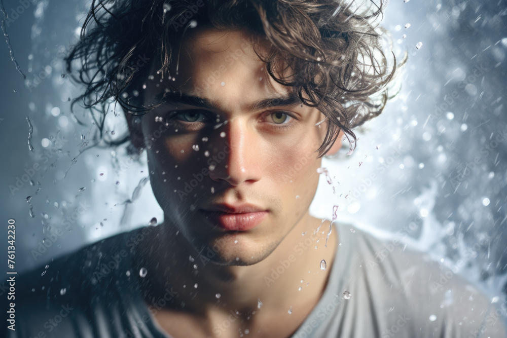 Man with wet hair and wet face is looking at camera