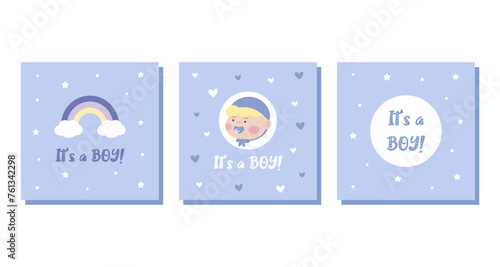 A set of cards for a gender party to determine the gender of the child.  Baby shower invitation set with rainbow, heart, stars and baby. Blue invitation for a boy. Cartoon vector illustration.It's boy