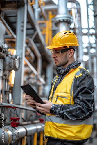 Oil refinery engineer using tablet among machinery, pipelines in warm light, earth tones.