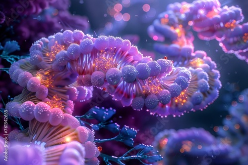 a microscopic view of a vibrant cellular world with DNA strands intertwining.
