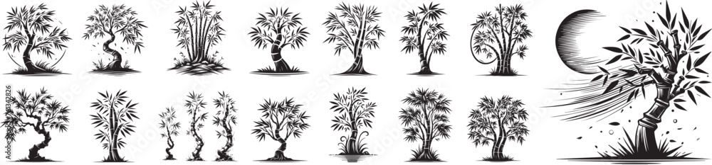 small ornamental fruit trees with abundant leaves and branches black vector laser cutting engraving - obrazy, fototapety, plakaty 
