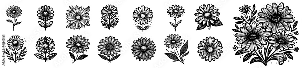 daisy flowers in bloom simple elegance black vector laser cutting engraving - obrazy, fototapety, plakaty 