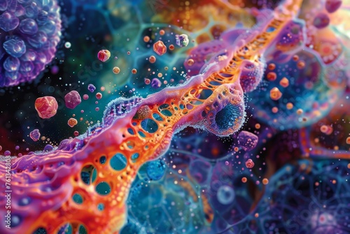 a microscopic view of a vibrant cellular world with DNA strands intertwining. photo