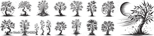 small ornamental fruit trees with abundant leaves and branches black vector laser cutting engraving