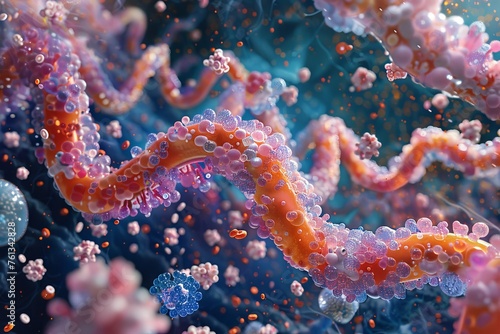 a microscopic view of a vibrant cellular world with DNA strands intertwining.