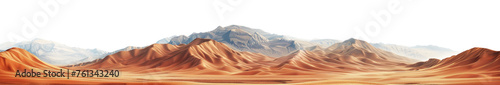 Digital illustration of a vast desert with sand dunes in the foreground and snowy mountains in the back. Isolated. Generative AI