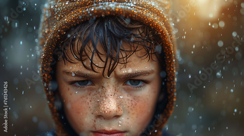 Close-up of a young boy with wet hair and a hood, gazing intently, with water droplets and bokeh effect in the background.