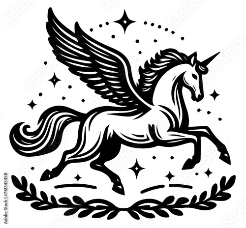 mythical pegasus in flight detailed silhouette black vector laser cutting engraving