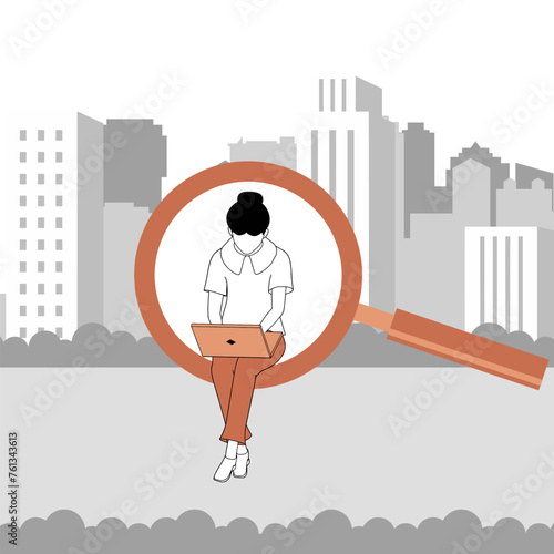 A woman analyses the market, jobs, real estate and more in her laptop through search engines