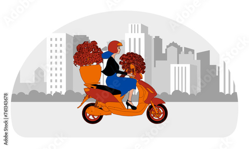 A girl with a bouquet rides on a scooter on city streets, the concept of a courier delivering flowers, on a white background.