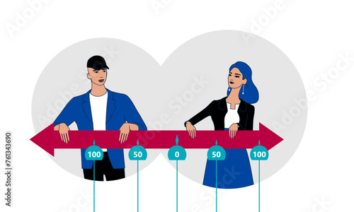 Man and woman conflict in opinions disagreement, contradictions strategy, concept animation on white background