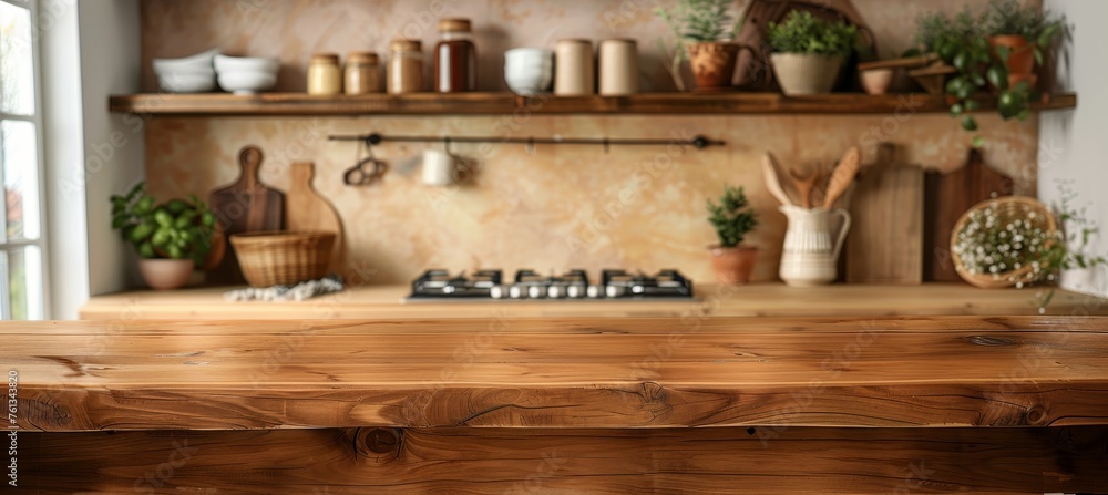 Empty wooden table against blurred kitchen bench background for interior design inspiration