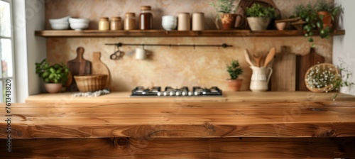 Empty wooden table against blurred kitchen bench background for interior design inspiration